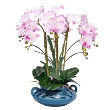 Imagem de LMJYU Orquídeas falsas de seda artificial Phalaenopsis flores com vaso de porcelana conjunto de flores artificiais para decoração de casa orquídeas florais falsas flores artificiais