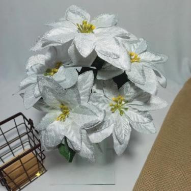 Imagem de Buquê Artificial Bico de Papagaio com 5 Flores Vermelhas – Decoração para Casamento, Natal, Festas e Casa(Prata com glitter)