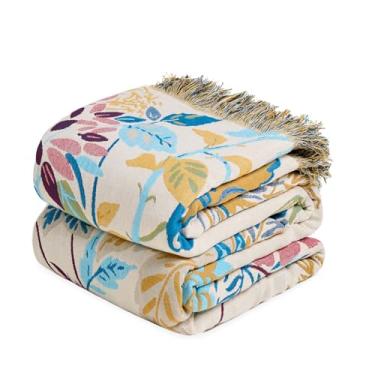 Imagem de LUTBM Cobertor Boho para cama, cobertores de algodão, tamanho solteiro para quarto, sala de estar, todas as estações, leve, floral, bordado, colcha para sofá, poltrona, 152 x 203 cm