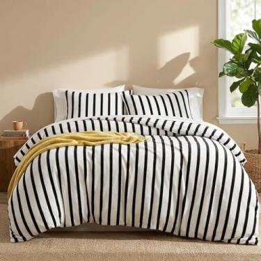 Imagem de Bedbay Conjunto de edredom King, listrado, veludo, macio, acolchoado, 3 peças, estampa de listras pretas e brancas, conjunto de cama king size para todas as estações