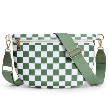 Imagem de KALIDI Bolsas transversais quadriculadas para mulheres, pochetes de viagem planas para mulheres e homens, bolsa transversal de nylon, bolsa moderna para cinto, Feijão verde quadriculado