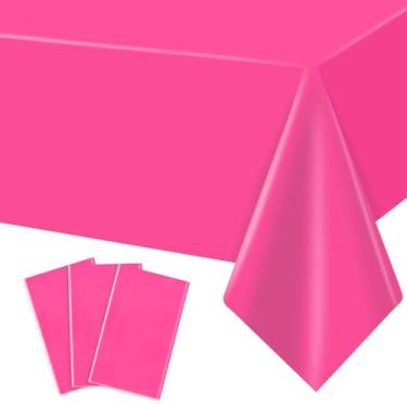 Imagem de MRJ Pacote com 3 toalhas de mesa descartáveis rosa choque 137 x 272 cm toalhas de mesa retangulares para decoração de festa de aniversário, capa de mesa de plástico