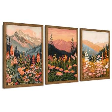 Imagem de InspiredHues Conjunto de arte de parede em tela boho de paisagem colorida grande, 3 peças, decoração de parede de montanha de flores silvestres, vintage floral, rústico, natureza, impressões para sala
