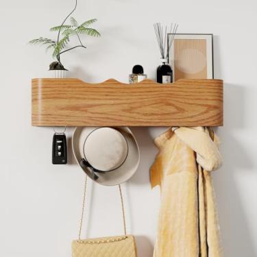 Imagem de Jadoxy Suporte de parede com prateleira, 4 ganchos ocultos, porta-chaves de madeira, organizador de entrada para corredor, quarto, banheiro, decoração de casa, armazenamento para pendurar casacos