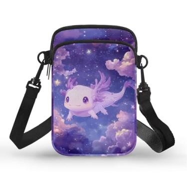 Imagem de CLOHOMIN Bolsa transversal para celular, mini bolsa tiracolo feminina e masculina com bolsos com zíper, Axolotl Starry Sky