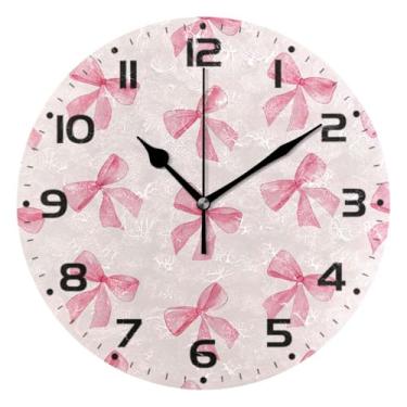 Imagem de JUZIHAI Relógio de parede com laço rosa, silencioso, sem tique-taque, redondo, operado por bateria, fácil de ler, relógio decorativo de parede para casa, cozinha, sala de estar, quarto, escritório, 25