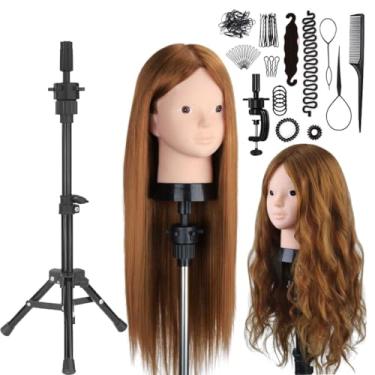 Imagem de Cabeça de manequim com cabelo humano, 80% cabeça de manequim de 58 cm suporte para peruca com cabeça, suporte de peruca de cabeça de manequim cosmetologia, cabeleireiro, treinamento, treinamento de