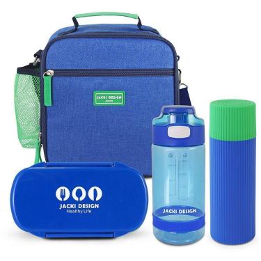 Imagem de Lancheira Térmica E Pote P/ Lanche 450 Com Garrafa 550ml E Porta Acessórios Multiuso Azul