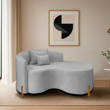 Imagem de Divã Recamier Curvo Sala De Estar Recepção Inglaterra 150cm Pés Madeira Lado Direito Linho Cinza Claro