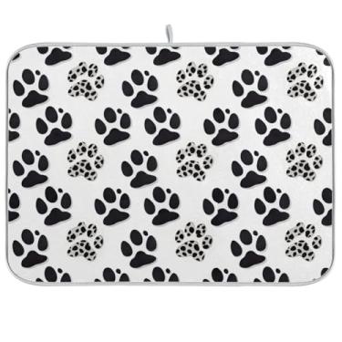 Imagem de Tapete de secagem de pratos preto e branco Paw para balcão de cozinha, 40,6 x 45,7 cm, tapete de prato de microfibra para café, protetor de bancada de cozinha