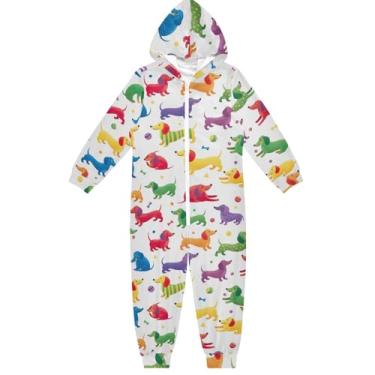 Imagem de Macacão infantil colorido com capuz para cães Dachshund branco peça única para crianças meninas meninos 4 anos, Cães Dachshund coloridos brancos, 4 Anos