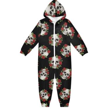 Imagem de Skulls Macacão infantil unissex preto rosas vermelhas, macacão de peça única para meninas e meninos 4 anos, Caveiras vermelhas rosas pretas, 9-11 Years