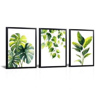 Imagem de Zlove Arte de parede em tela de planta tropical verde palmeira monstera decoração de parede - pôsteres botânicos minimalistas para banheiro, quarto, escritório, 30 x 40 cm x 3 peças