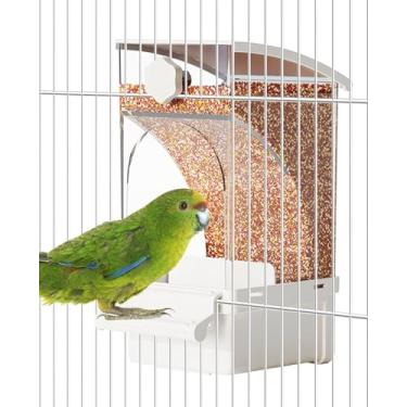 Imagem de BNOSDM Comedouro automático transparente para pássaros com poleiro, recipiente de comida de papagaio de acrílico, acessórios para periquitos, periquitos, calopsitas, tentilhão, canário, periquito