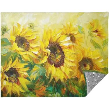 Imagem de Cobertores e mantas macios de pintura a óleo de girassóis 177,8 cm x 139,7 cm Cobertores grossos femininos para inverno impresso cobertor de sherpa personalizado