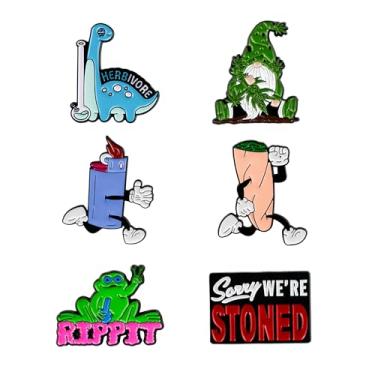 Imagem de Conjunto de 6 peças de alfinetes esmaltados de maconha para fumar, broche de crachá de cannabis, presente engraçado para amantes de maconha 420 Stoner, 6 peças de broche de defumador de maconha