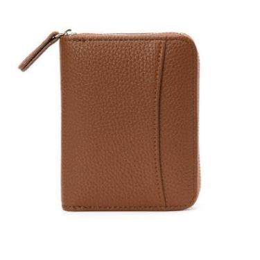 Imagem de Carteira feminina de couro genuíno com dobra dupla/tripla - Suporte minimalista para cartão de crédito com bloqueio de RFID e bolso para moedas, Marrom, Casual