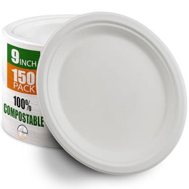 Imagem de Earth's Dreams Pratos de papel descartáveis resistentes – 23 cm – Pacote com 150 pratos descartáveis para festa – Compostáveis, ecológicos, biodegradáveis, resistentes (22,86 cm com 150 pratos de