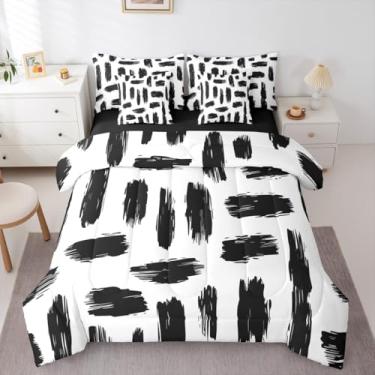 Imagem de Erosebridal Jogo de cama solteiro com listras geométricas, exótico, abstrato, listrado e exótico, para meninos, meninas, adolescentes, preto e branco, conjunto de cama com lençol de cima e lençol com