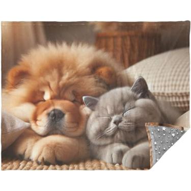 Imagem de TSENQUE Cobertores de lã personalizados Chow Chow Dog Cute Cat Puppy Large Throw para sofá 177,8 cm x 139,7 cm Cobertores de sofá de lã para mulheres, estética grande e confortável