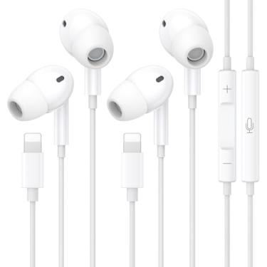 Imagem de Pacote com 2 fones de ouvido com fio para iPhone [certificado MFi] (microfone integrado e controle de volume), fones de ouvido com fio com conector Lightning compatíveis com iPhone 14/13/12/11/XR/XS/X