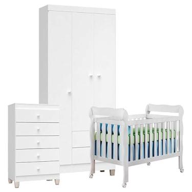Imagem de Quarto de Bebê 3 Portas com Gaveteiro Ternura Baby e Berço Lila Branco Brilho - Incorplac