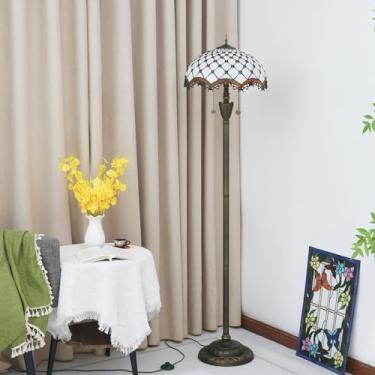 Imagem de Abajur de chão Tiffany, com cúpula de vitral, estilo vintage, com duas luminárias para sala de estar, quarto ou escritório, iluminação brilhante, decoração rústica de canto em bronze, ideal