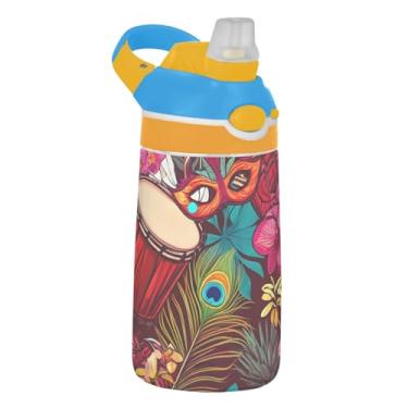 Imagem de Garrafa de água Tritan de 473 ml para crianças, à prova de vazamento, garrafa de água de plástico de 473 ml com canudo, copo infantil reutilizável portátil, alça de transporte, bateria vermelha