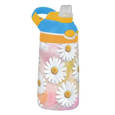 Imagem de Margaridas florais macio rosa bege garrafa de água infantil 473 ml Tritan garrafa de água de plástico portátil com tampa de canudo 473 ml copo infantil à prova de vazamento reutilizável, alça de