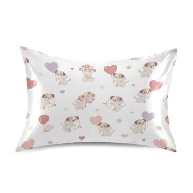 Imagem de Wassud Capa de almofada de cetim para cabelo e pele com desenho de cães de desenho animado para o dia dos namorados capas de almofada respiráveis tamanho queen com fecho de envelope