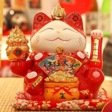Imagem de FENNYYAR Braço ondulante Maneki Neko Ornamento de porcelana de gato vermelho e branco pequeno, 23 cm, estátua de gato rico como decoração de casa