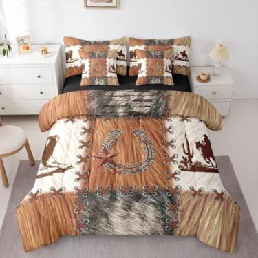 Imagem de Feelyou Conjunto de edredom Queen com estampa de vaca marrom de vaca com 7 peças, caubói ocidental em uma bolsa com edredom, lençóis, fronhas, capas de almofada ocidental