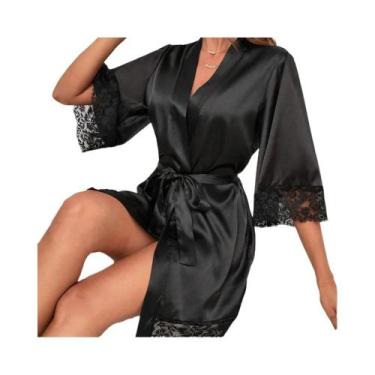 Imagem de Robe De Seda Elegante Para Mulheres Com Detalhes Em Renda, Decote Em V