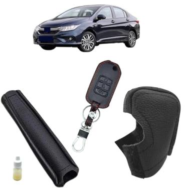 Imagem de Kit Capas Couro Manopla Câmbio Automático E Alavanca Freio de Mão E Chave Canivete City 2022 2023 (Couro preto/linha preta)