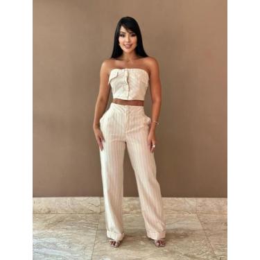 Imagem de Conjunto feminino cropped c/ bojo e calça alfaiataria listrada 9589 - 