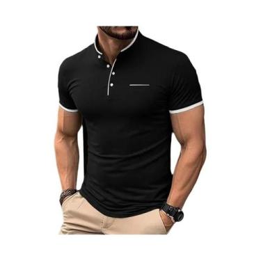 Imagem de Camiseta Casual Masculina De Manga Curta Com Gola Alta Em Cor Sólida, 