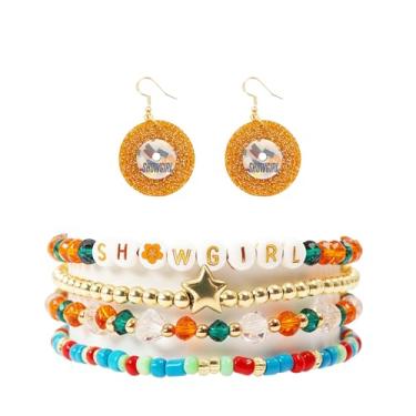 Imagem de CuddleJunk Conjunto de pulseiras de amizade inspiradas na Showgirl com brinco em forma de disco de acrílico, 4 peças, pulseira laranja e verde com contas mostram presente inspirado em meninas