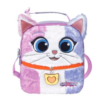 Imagem de Bolsa Térmica Infantil Super Gatinhos com Alças, Frente em Pelúcia, Porta Garrafa, Coleira em PU, Pingente Emborrachado