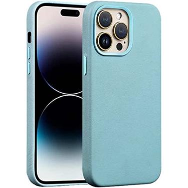 Imagem de ZEDEVB Capa de telefone traseira de couro premium, para Apple iPhone 14 Plus 2022 à prova de choque resistente a arranhões [carregamento magnético sem fio] capa de proteção (cor: azul claro)