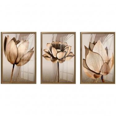 Imagem de Kit 3 Peças Quadros Decorativos MDF Flores Tom Cobre Gold com Moldura para Quarto, Sala, Escritório