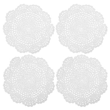 Imagem de 4 peças de toalhas de renda de algodão branco para mesas de 20 cm redondas vintage de crochê, mesas artesanais de algodão feitas à mão, tecido de papelão, porta-copos de malha de borda ondulada ou