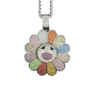 Imagem de Colar Com Pingente De Girassol E Carinha Sorridente,Pétala Giratória Colorida,Estilo Taksi,Cor Prateada