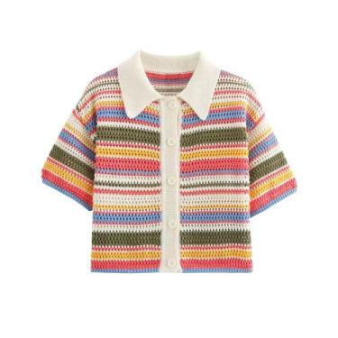Imagem de Suéter Cropped De Crochê Listrado Feminino Com Gola Polo, Manga Curta 