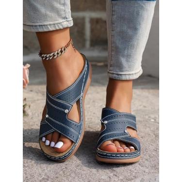 Imagem de Sandálias de plataforma grossas para mulheres plus size - bico redondo de cor lisa, bico aberto, conforto ao ar livre, Azul, 40