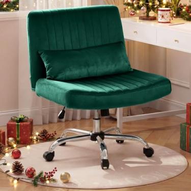 Imagem de Warmiehomy Cadeira de escritório cruzada com rodas, cadeiras de mesa de veludo com pernas cruzadas para casa, cadeira de computador giratória sem braços com altura ajustável, assento largo, cadeira
