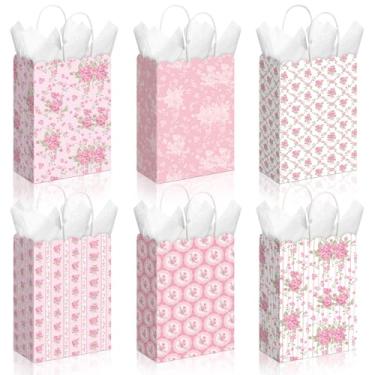 Imagem de Kolldenn 24 peças de sacos de presente florais rosa com alças de flores silvestres para lembrancinhas de doces e guloseimas recortadas para decoração de aniversário para chá de bebê nupcial