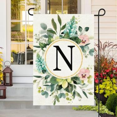Imagem de Bandeira de jardim com letra N para exterior, vertical dupla face A-Z serapilheira jardim de boas-vindas pequena bandeira de quintal casa para decoração, casa de férias sazonal fazenda primavera verão