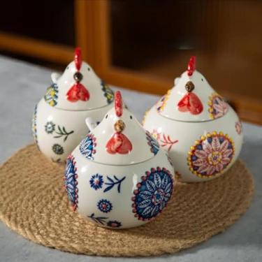 Imagem de Saleiro de cerâmica com tampa e colher | Recipiente grande de sal de galinha de 368 g | Recipientes de sal e pimenta para bancada | Suporte de sal para tigela de açúcar, pote de doces para decoração