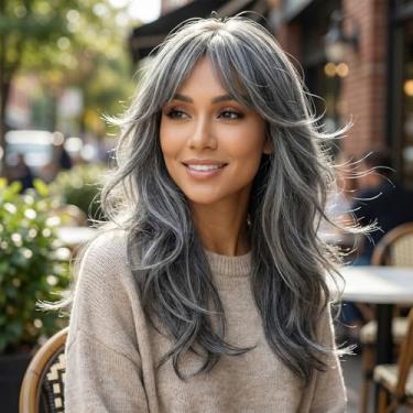Imagem de Perucas de cabelo humano com franja, peruca de cabelo humano fofo e em camadas para mulheres, peruca natural de comprimento médio com franja de cortina, uso diário e festa 61 cm cinza escuro