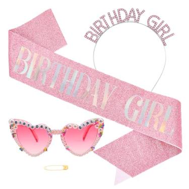Imagem de JATEBI 3 Pcs Birthday Girl Sash Crown Glasses Set Glitter Sashs Rhinestone Crown Tiara Fun Glasses for Women Girls Pink Birthday Decorations